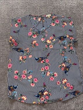 Lily White Navy Striped Floral & Bird Print Blouse